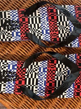 FP Movement by Free People Geometric Print Flip Flop Sandals in Black, Red, Blue
